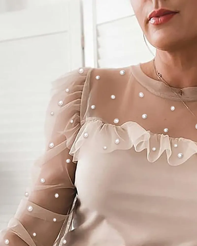 Beaded Sheer Mesh Ruffles Top