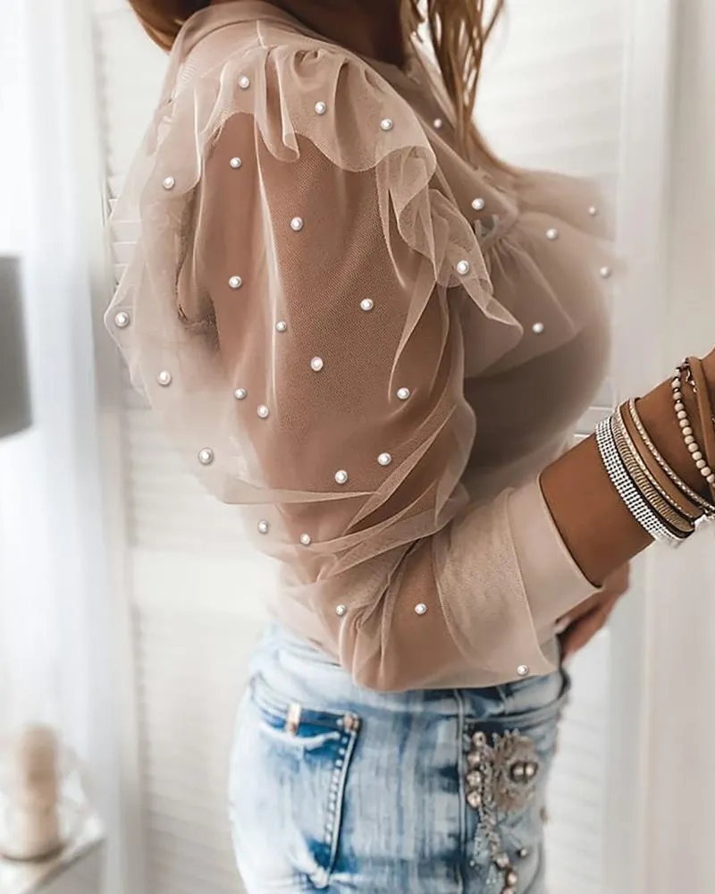 Beaded Sheer Mesh Ruffles Top