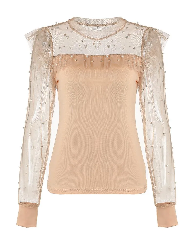 Beaded Sheer Mesh Ruffles Top