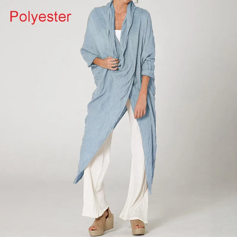 BerryBetty - Women Tops Vintage Solid Blouses Summer Fashion Long Shirts Casual Cowl Neck Long Sleeve Asymmetrical Party Blusas