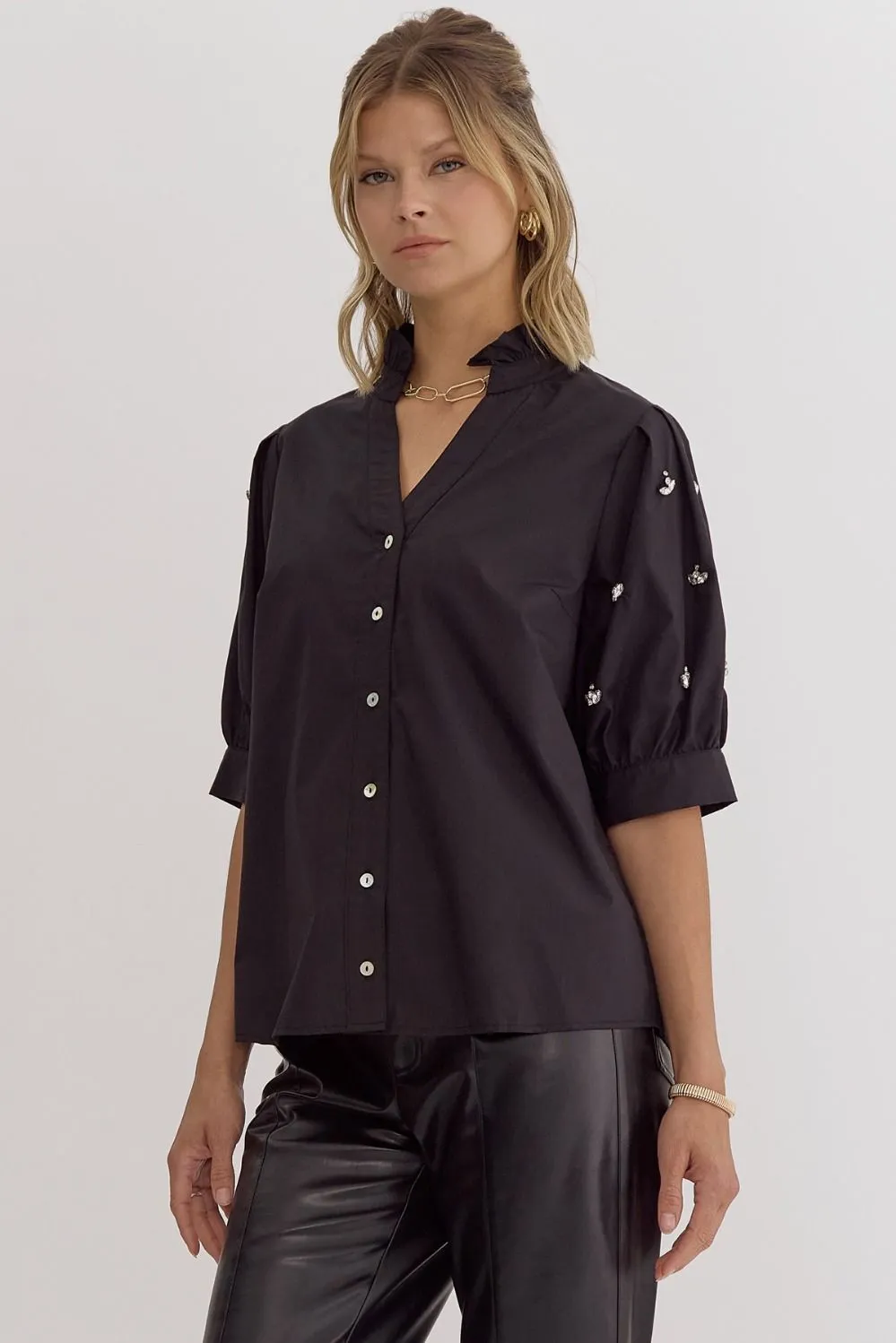 Black Bedazzled Sleeve Blouse