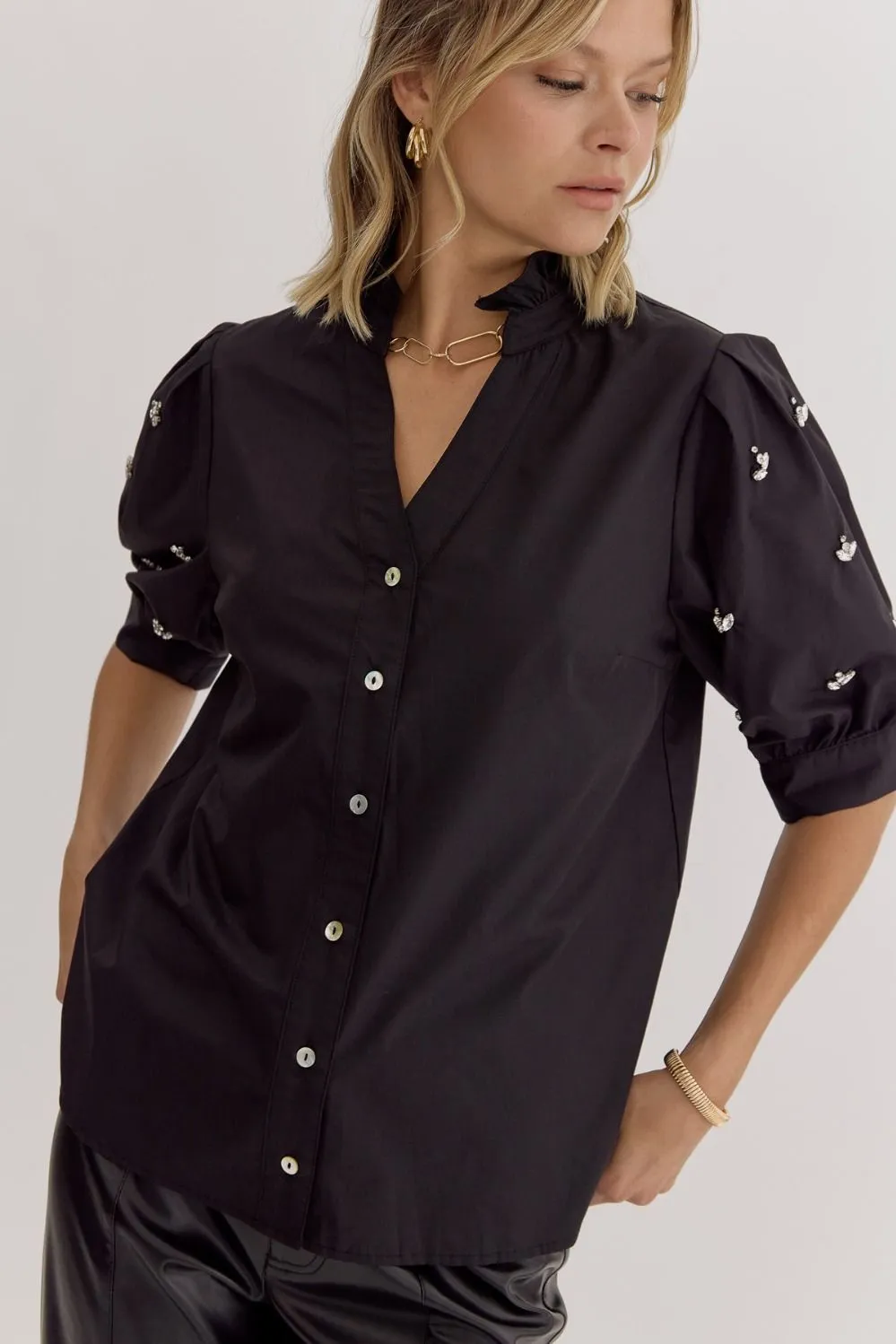 Black Bedazzled Sleeve Blouse