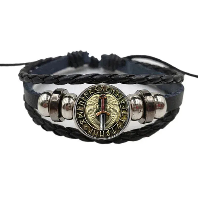 Black Cat Glass Charm Bracelet - Viking Leather Retro Style