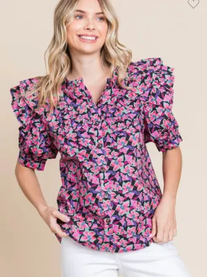 Black Floral Ruffle Blouse