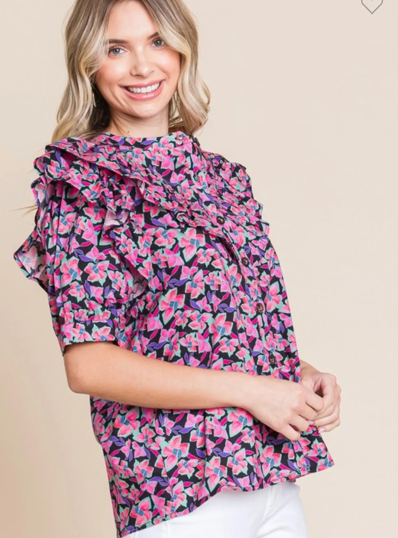 Black Floral Ruffle Blouse