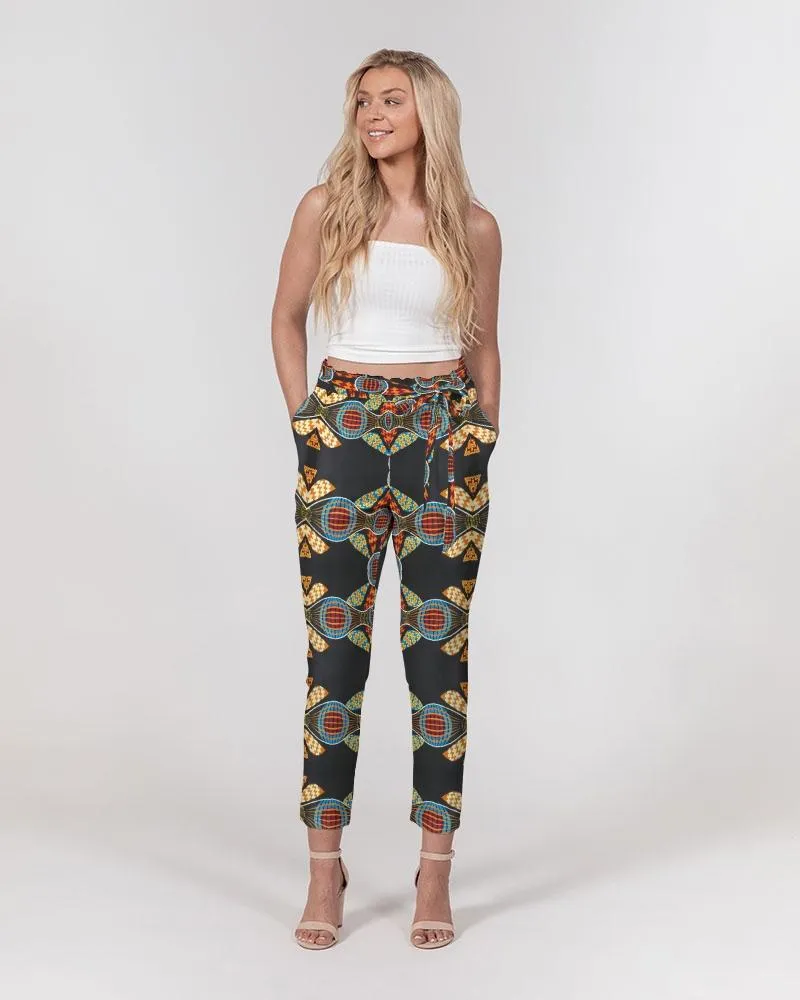 Black Multi Color African print Women's Belted Tapered Pants