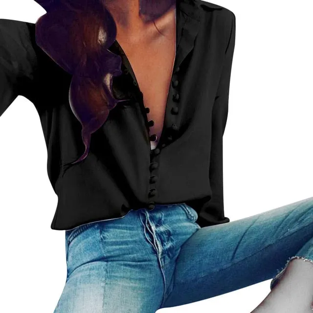 Blouses Tops Women Casual Solid Color ladies office Tunic Tops Sexy Buttons Long sleeve Blouse Women Chiffon white Shirt blusas