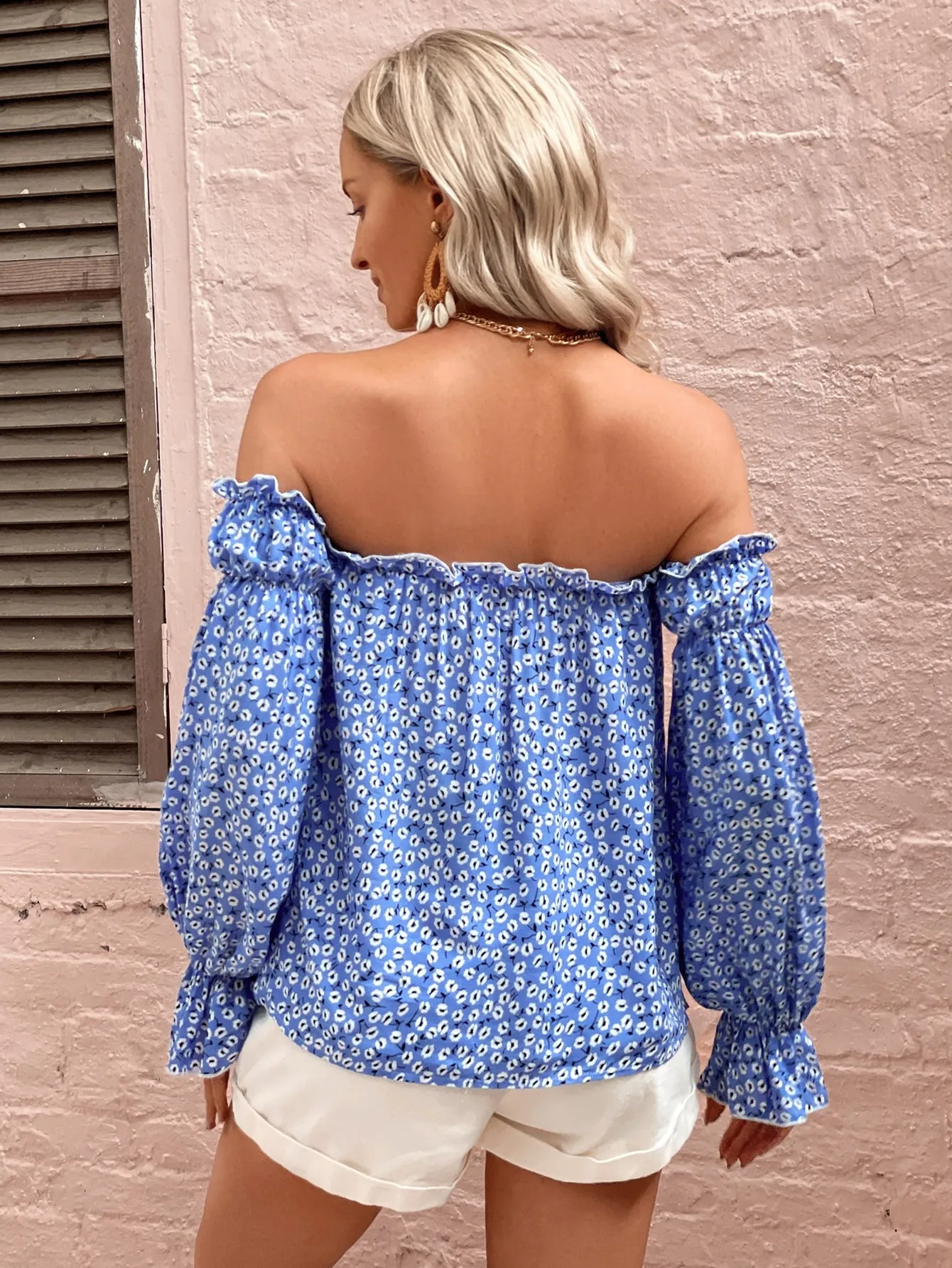 Blue Off Shoulder Ruffle Sleeves