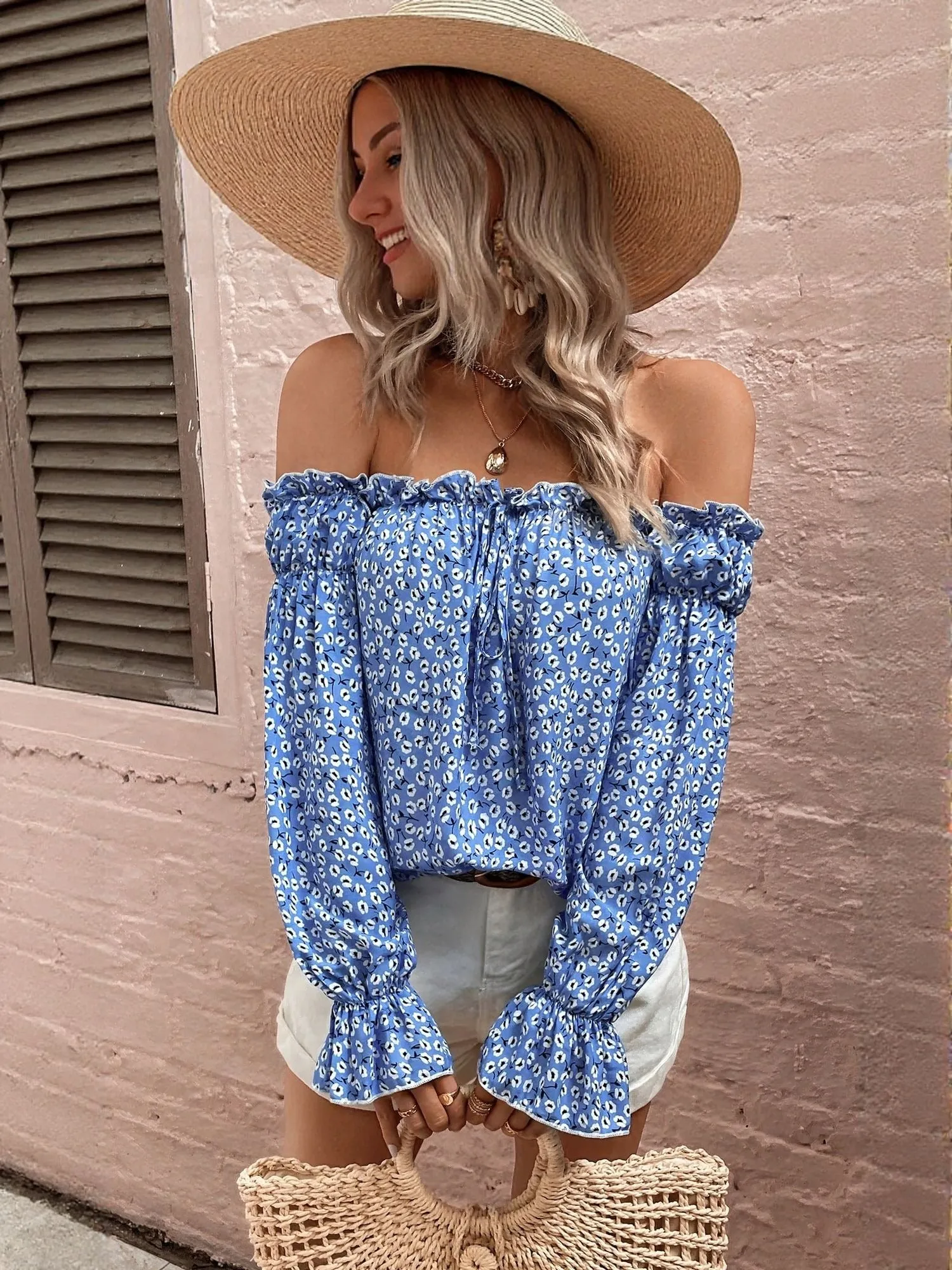 Blue Off Shoulder Ruffle Sleeves
