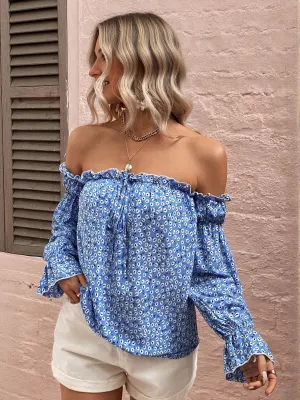 Blue Off Shoulder Ruffle Sleeves