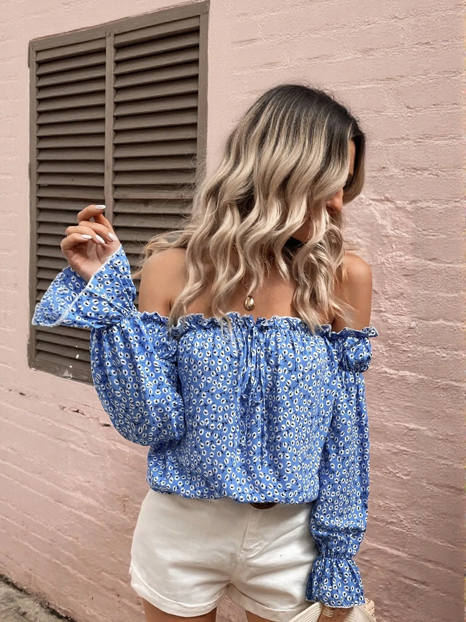Blue Off Shoulder Ruffle Sleeves