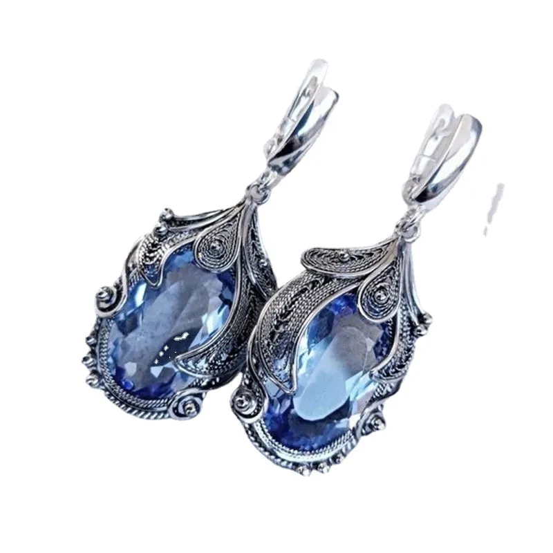 Blue Sapphire Stud Earrings Silver Women Anniverssary Party Jewelry