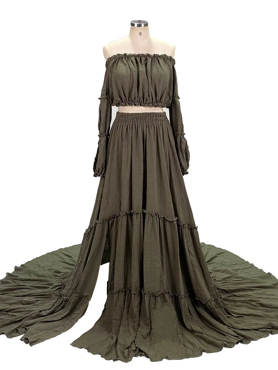 Boho Style 2 Pieces Set Woman Dress Elastic Waist Fancy Photography Props Photo Shoot Gowns YEWEN YW220912