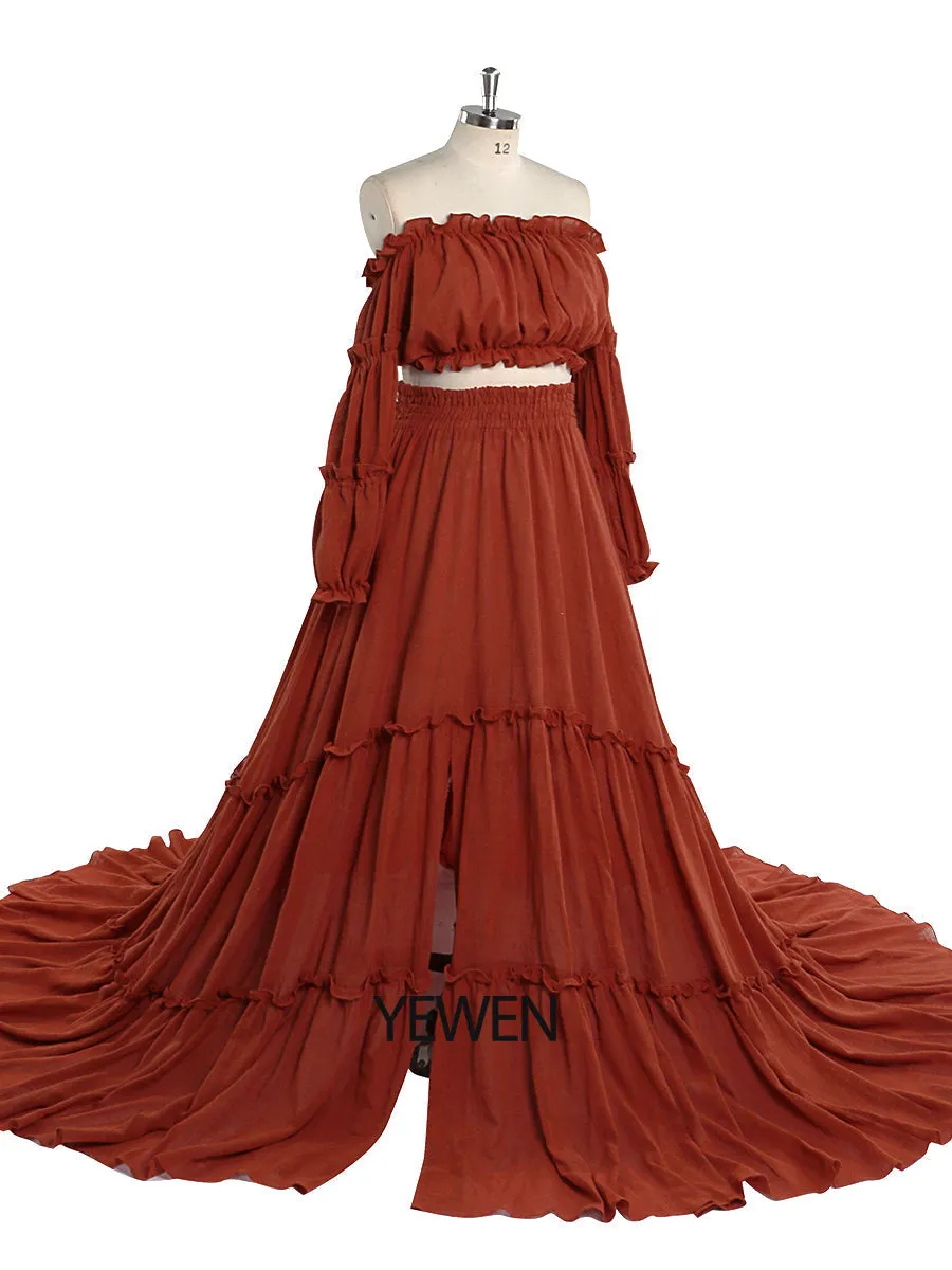 Boho Style 2 Pieces Set Woman Dress Elastic Waist Fancy Photography Props Photo Shoot Gowns YEWEN YW220912
