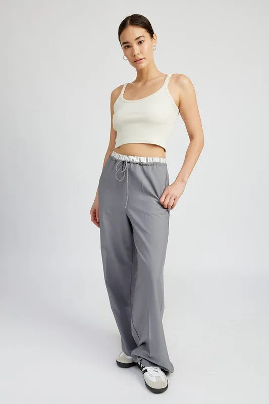 Boxer Detail Double Waist Straight Pant w/ Pockets