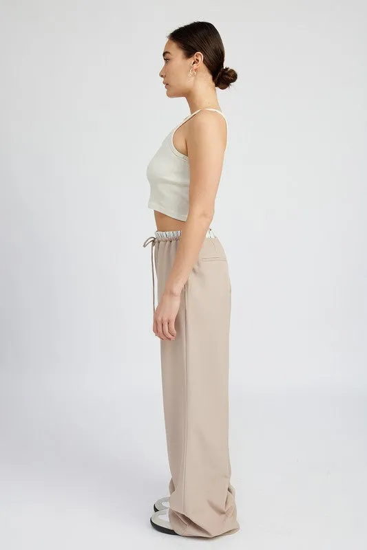 Boxer Detail Double Waist Straight Pant w/ Pockets