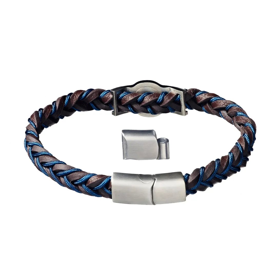 Braided Two-color Leather Bracelet with Stainless Steel Detail