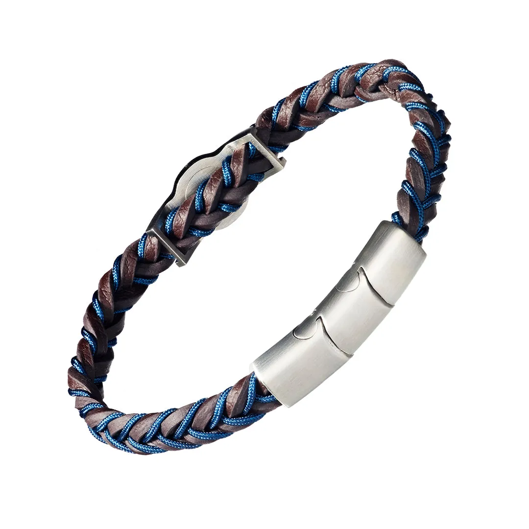 Braided Two-color Leather Bracelet with Stainless Steel Detail