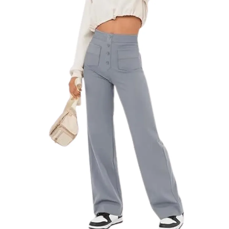 Brenda | Women's Wide Leg Casual Button Trousers | High-Waisted