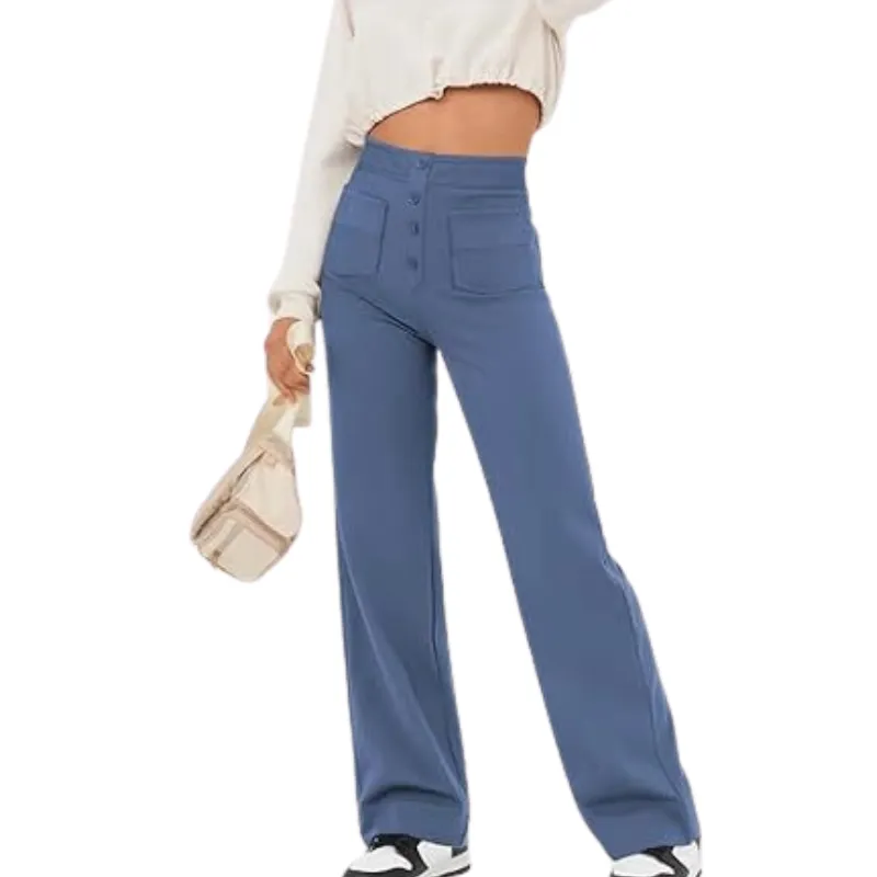 Brenda | Women's Wide Leg Casual Button Trousers | High-Waisted