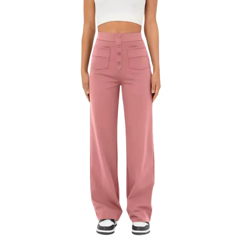 Brenda | Women's Wide Leg Casual Button Trousers | High-Waisted
