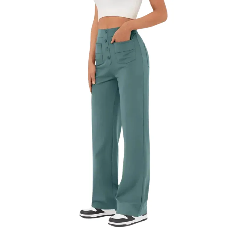 Brenda | Women's Wide Leg Casual Button Trousers | High-Waisted