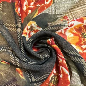 Brown Plaid Floral Print Poly Chiffon Fabric