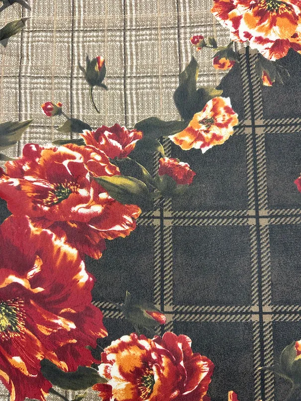 Brown Plaid Floral Print Poly Chiffon Fabric