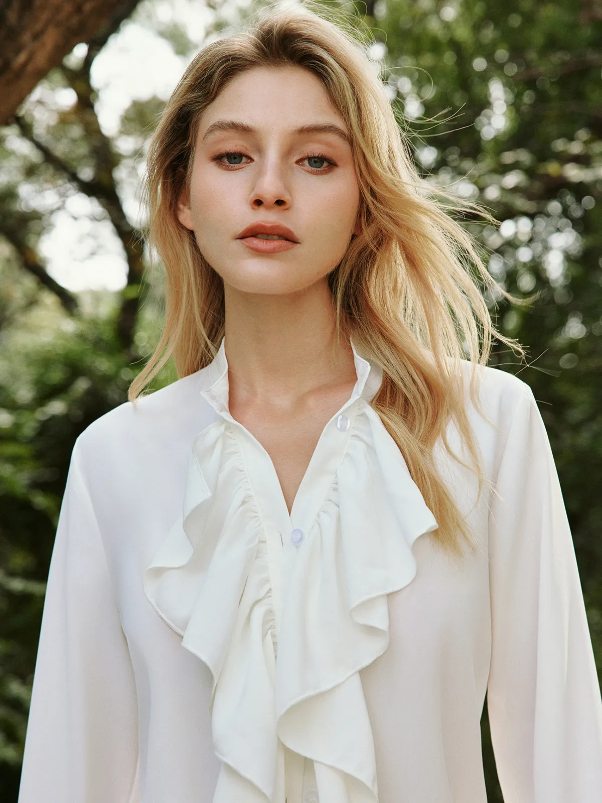Button Ruffle Thin Blouse