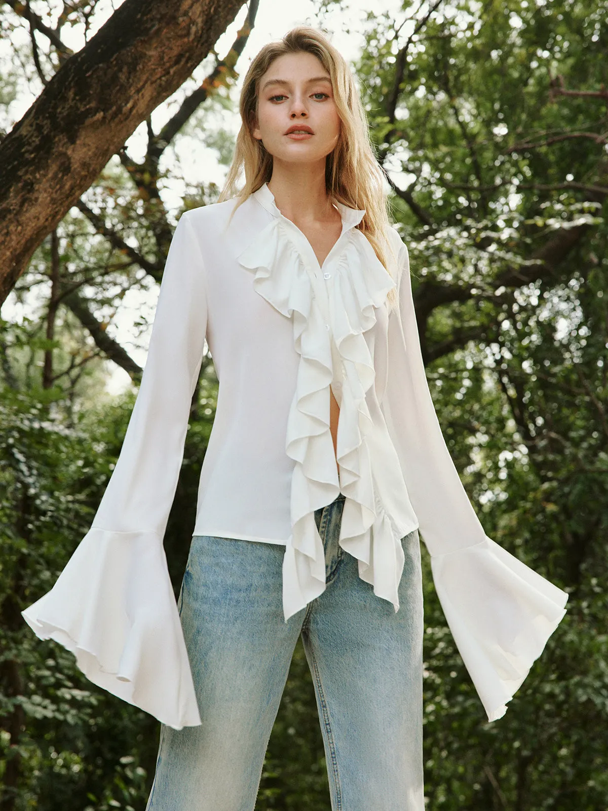 Button Ruffle Thin Blouse