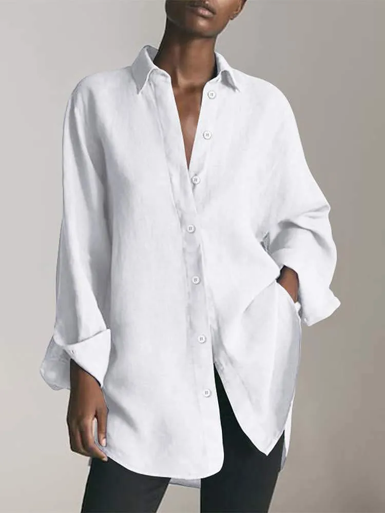 Casual White Long Sleeve Solid Shirts For Women