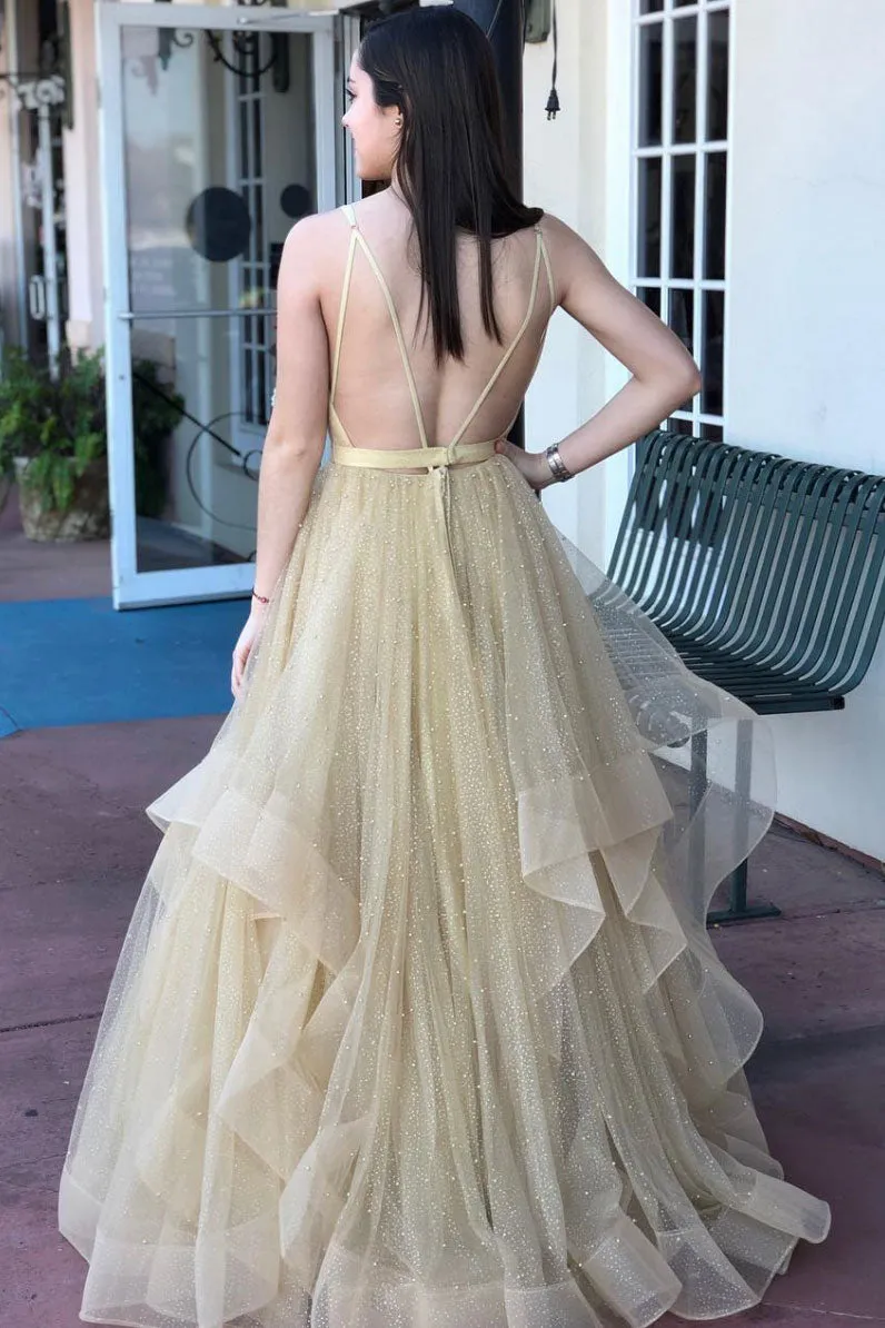 Champagne v neck tulle long prom dress, champagne tulle formal dress