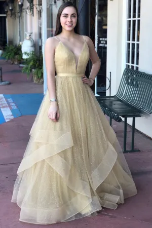 Champagne v neck tulle long prom dress, champagne tulle formal dress