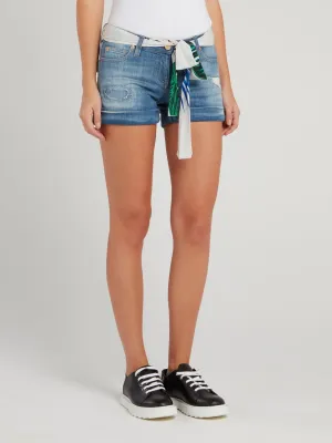 Chiffon Belted Distressed Denim Shorts