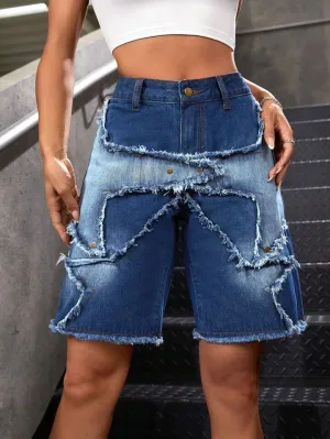 CM-BS464219 Women Casual Seoul Style Dark Wash Patchwork Frayed Hem Bermuda Denim Shorts