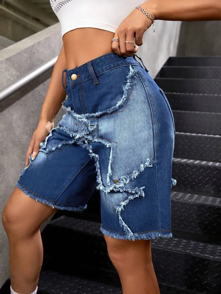 CM-BS464219 Women Casual Seoul Style Dark Wash Patchwork Frayed Hem Bermuda Denim Shorts