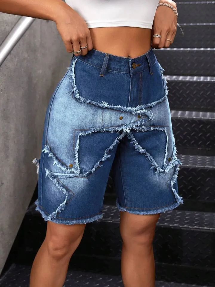 CM-BS464219 Women Casual Seoul Style Dark Wash Patchwork Frayed Hem Bermuda Denim Shorts