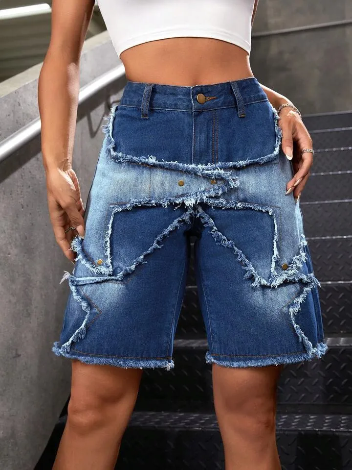 CM-BS464219 Women Casual Seoul Style Dark Wash Patchwork Frayed Hem Bermuda Denim Shorts