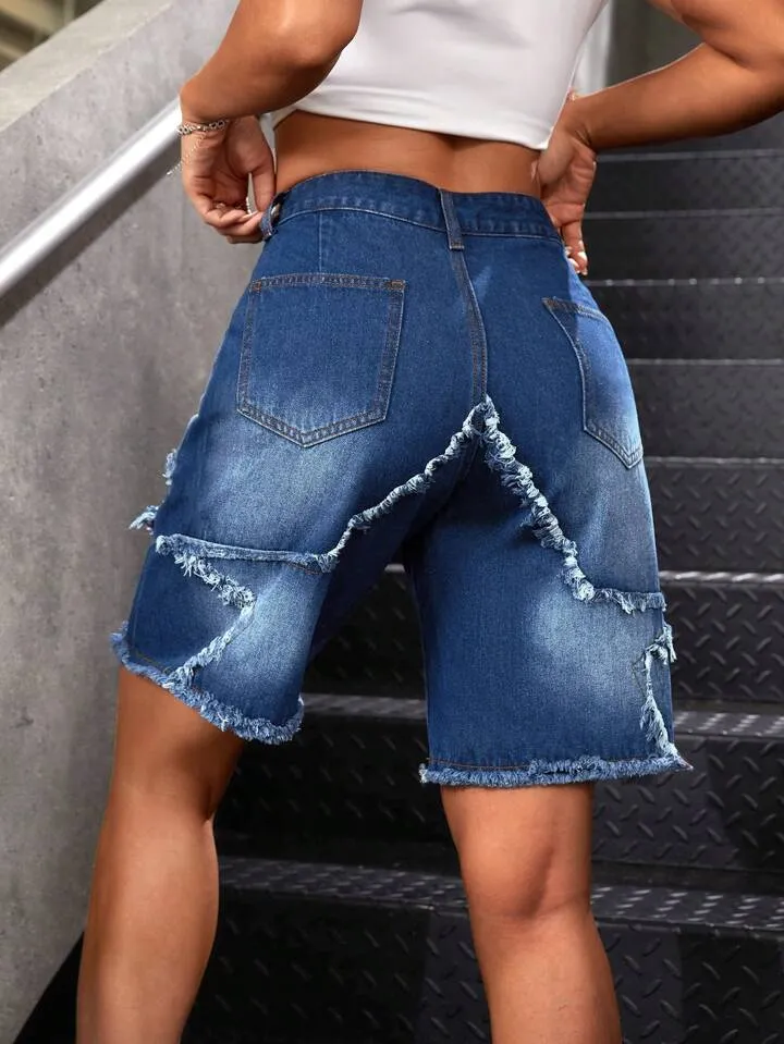 CM-BS464219 Women Casual Seoul Style Dark Wash Patchwork Frayed Hem Bermuda Denim Shorts