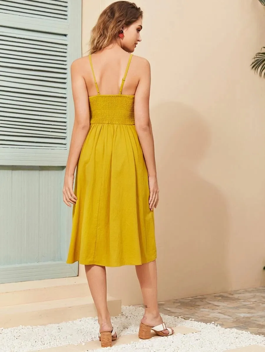 CM-DS407318 Women Casual Seoul Style Sleeveless Knot Front Peekaboo Button Cami Dress - Yellow