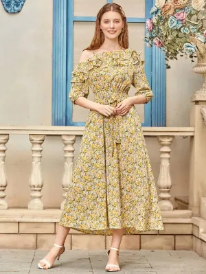 CM-DS513754 Women Trendy Bohemian Style Floral Symmetrical Neck Ruffle Trim Belted Dress