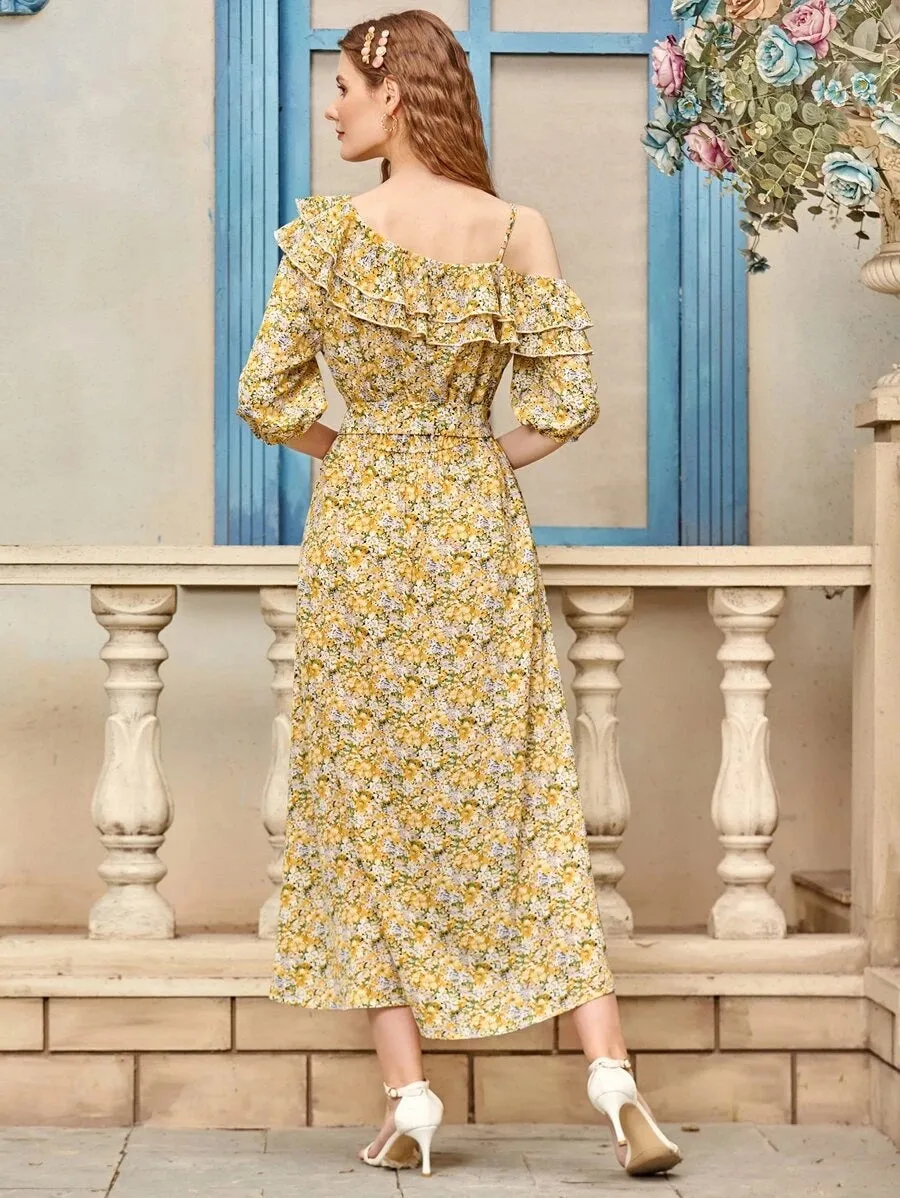 CM-DS513754 Women Trendy Bohemian Style Floral Symmetrical Neck Ruffle Trim Belted Dress