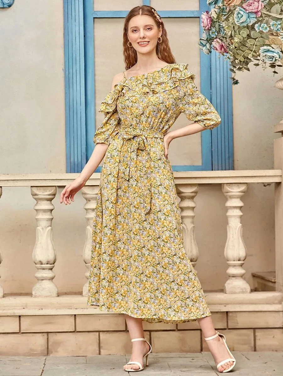 CM-DS513754 Women Trendy Bohemian Style Floral Symmetrical Neck Ruffle Trim Belted Dress