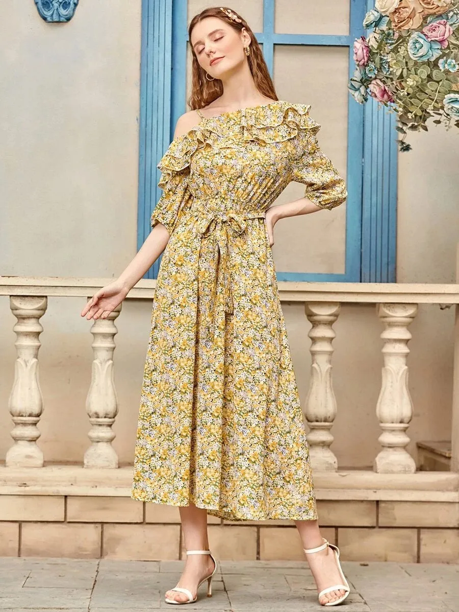 CM-DS513754 Women Trendy Bohemian Style Floral Symmetrical Neck Ruffle Trim Belted Dress