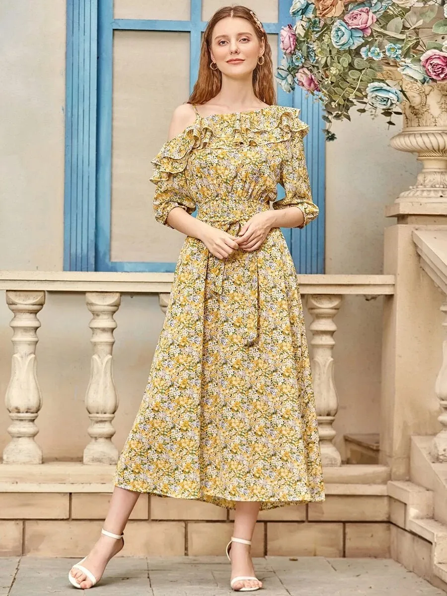 CM-DS513754 Women Trendy Bohemian Style Floral Symmetrical Neck Ruffle Trim Belted Dress