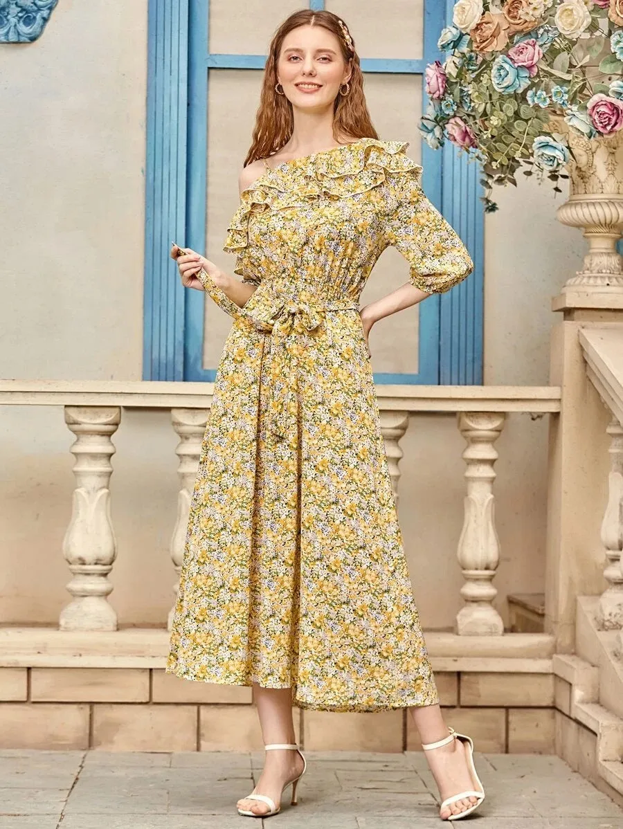 CM-DS513754 Women Trendy Bohemian Style Floral Symmetrical Neck Ruffle Trim Belted Dress