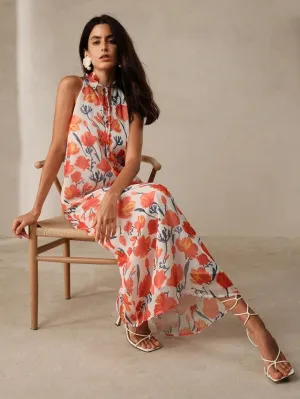 CM-DS517568 Women Trendy Bohemian Style Floral Printed Sleeveless Tie-Neck Maxi Dress - Orange