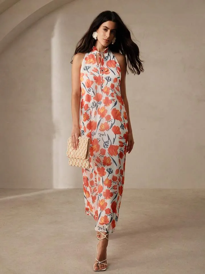 CM-DS517568 Women Trendy Bohemian Style Floral Printed Sleeveless Tie-Neck Maxi Dress - Orange