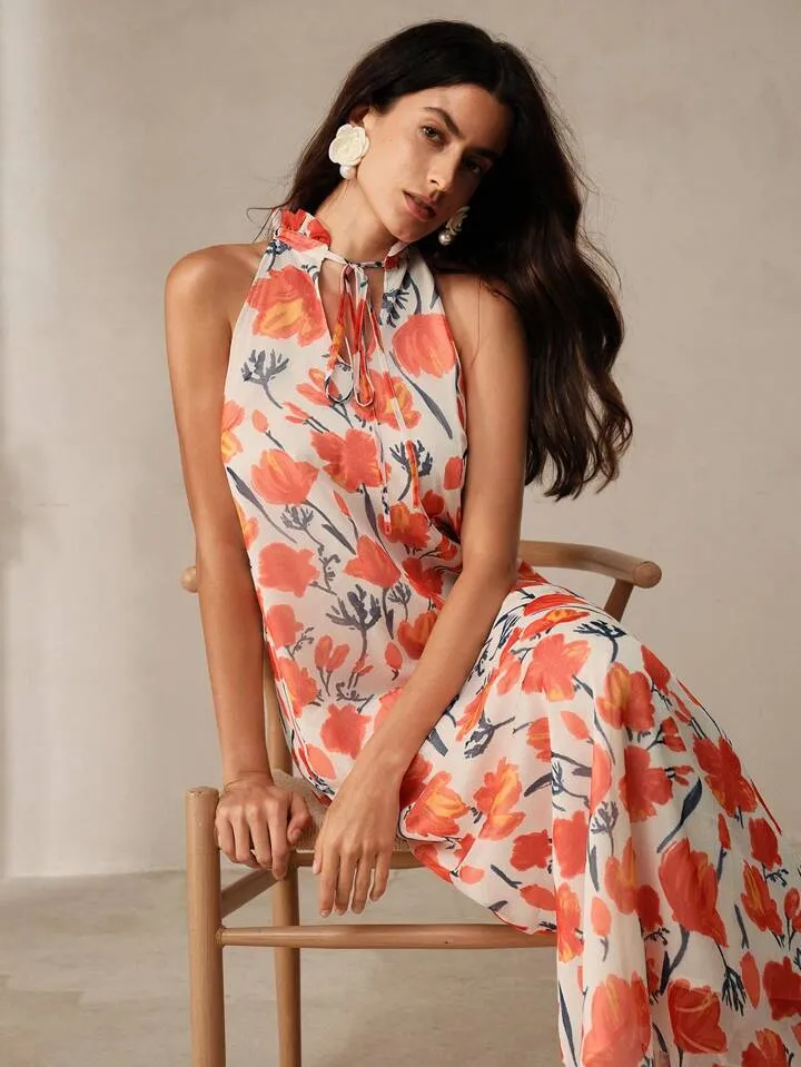 CM-DS517568 Women Trendy Bohemian Style Floral Printed Sleeveless Tie-Neck Maxi Dress - Orange