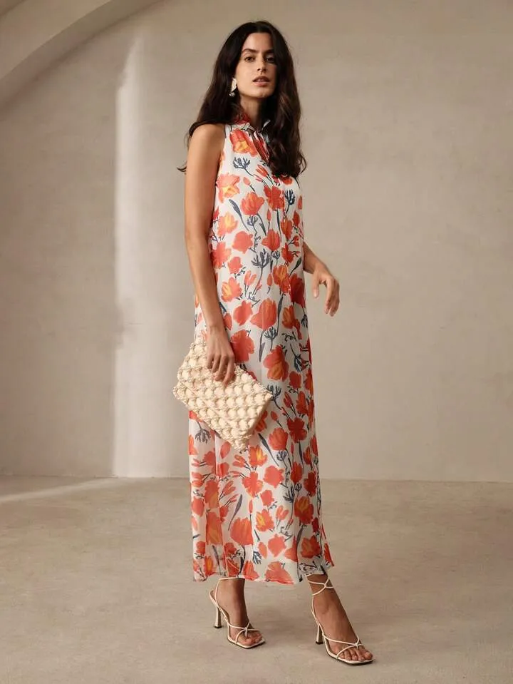 CM-DS517568 Women Trendy Bohemian Style Floral Printed Sleeveless Tie-Neck Maxi Dress - Orange